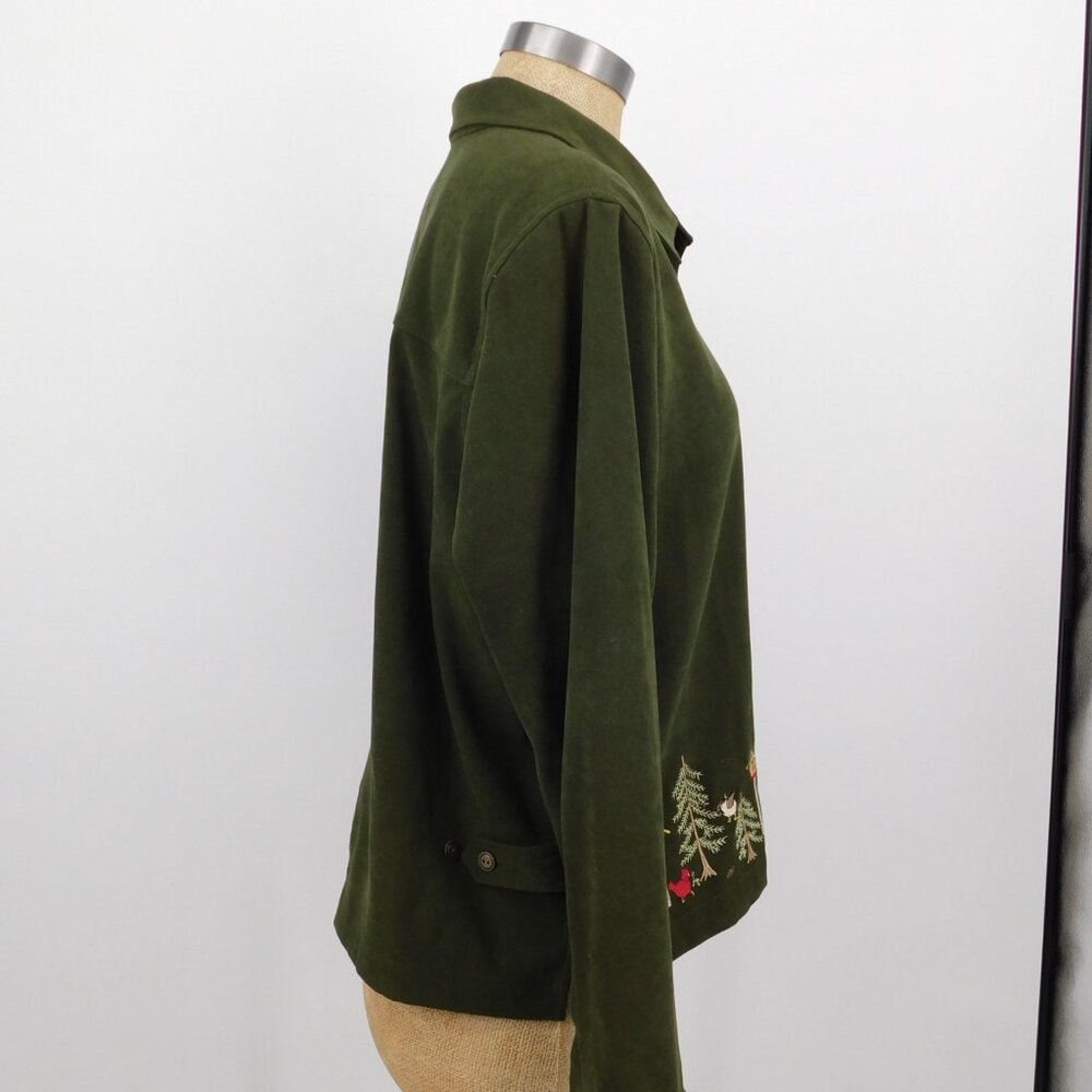 Christopher And Banks Women PXL Green Button Up Stretch Shirt Bird House Tree - Picture 4 of 10